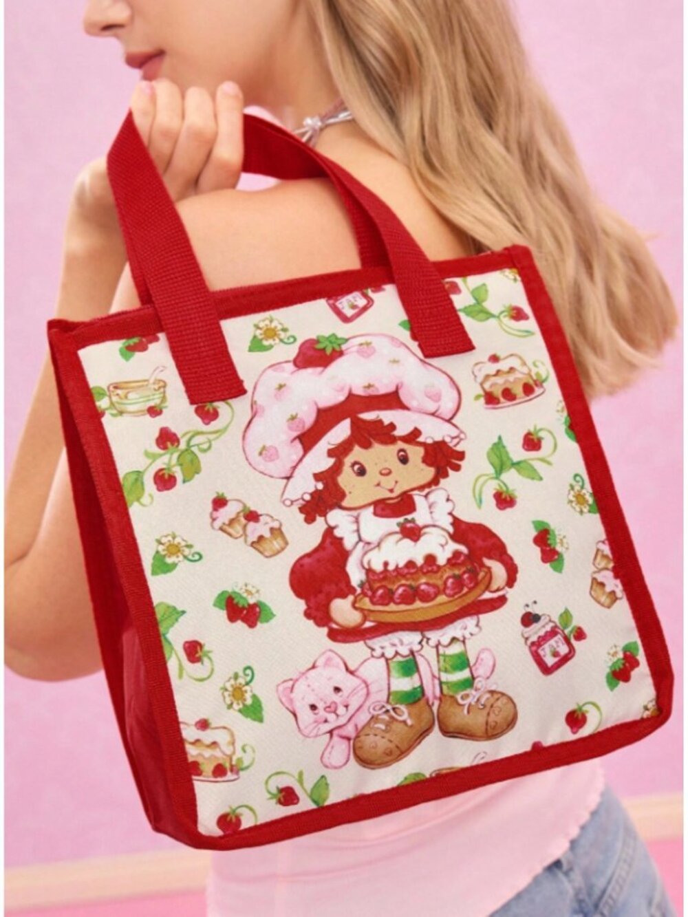 Cute Strawberry Shortcake Insulated Lunch Bag Strawberry Print Thermal Tote